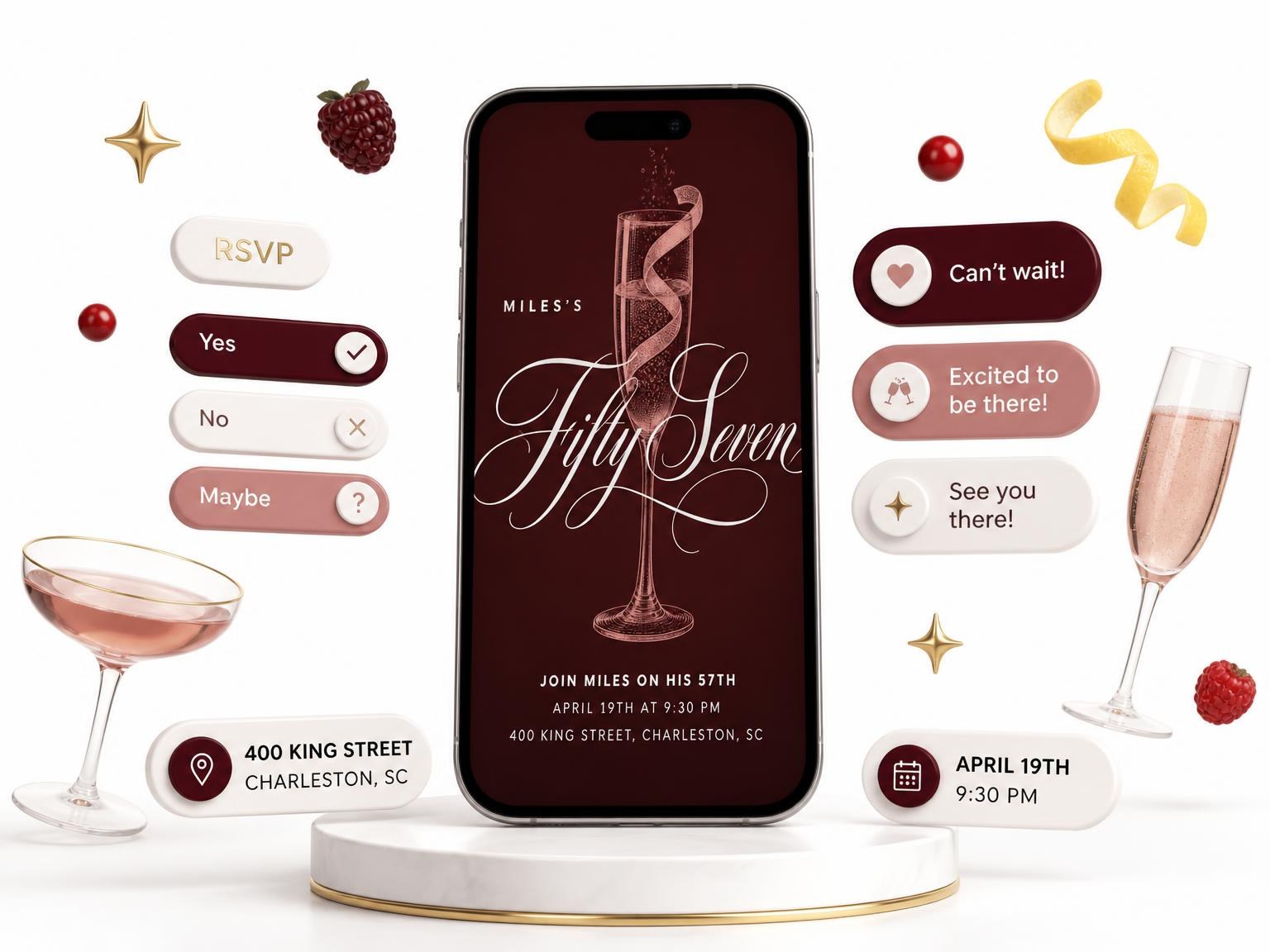 The Burgundy Cocktail 57th Birthday Invitation invitation on a phone, with guest RSVPs arriving around it