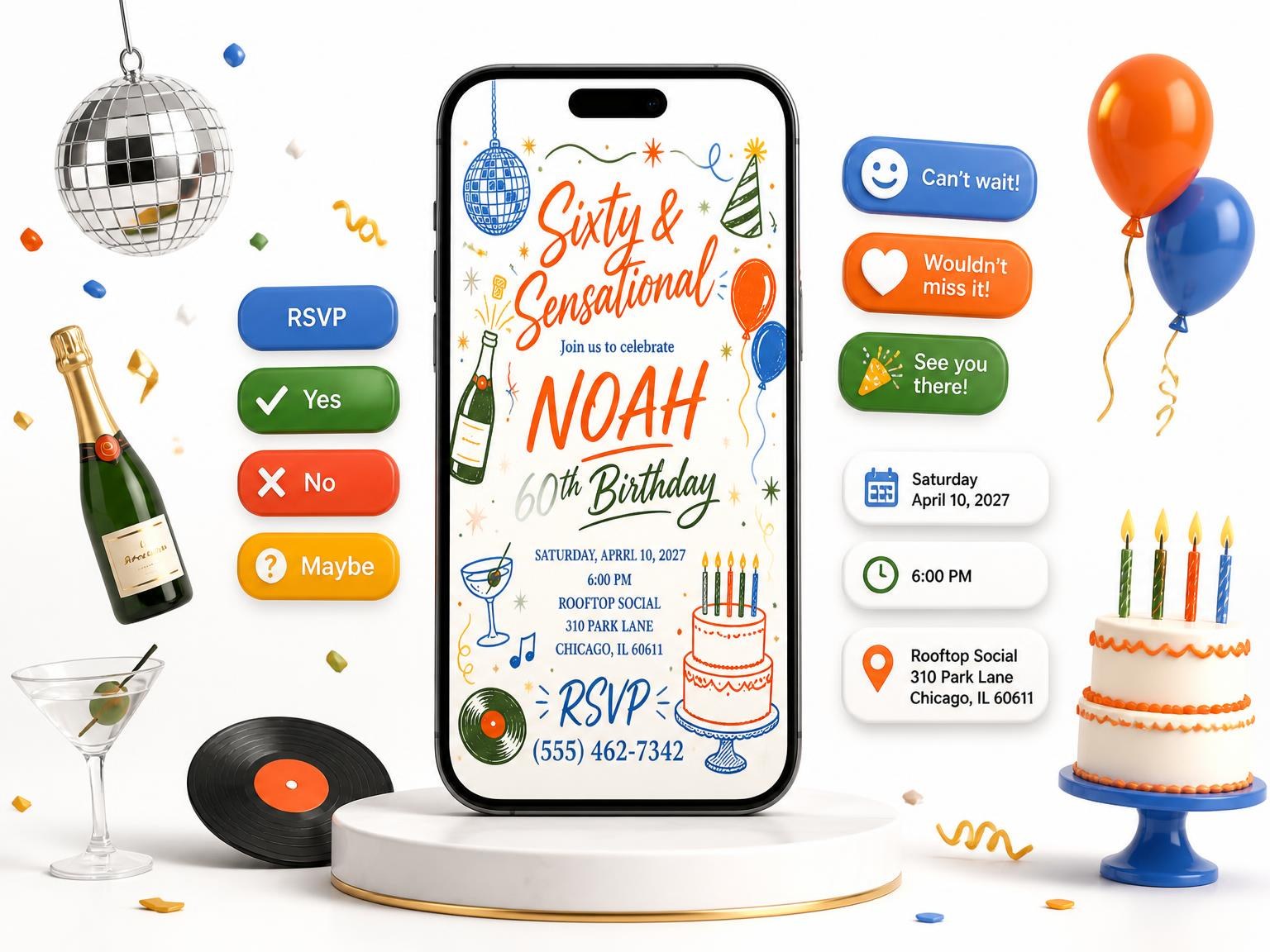 The Retro Doodle 60th Birthday Invitation invitation on a phone, with guest RSVPs arriving around it