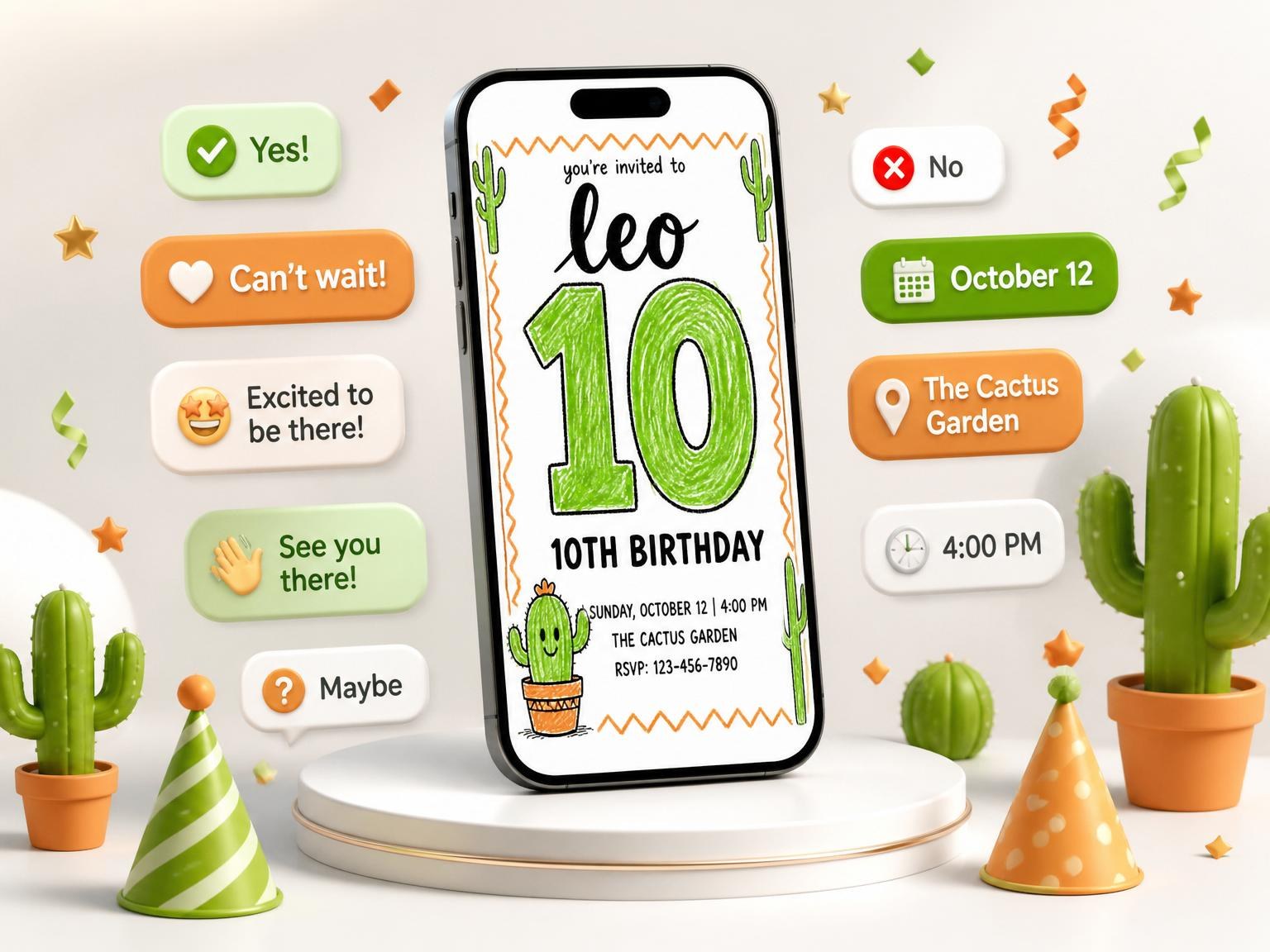 The Crayon Cactus 10th Birthday Invitation invitation on a phone, with guest RSVPs arriving around it