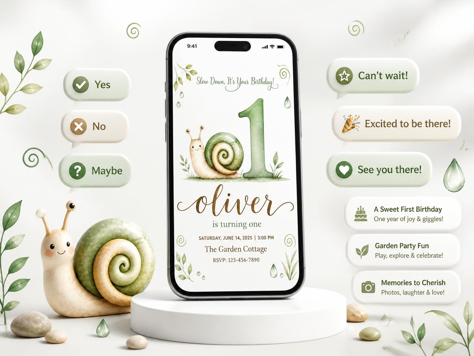 The Earth Tone Snail 1st Birthday invitation on a phone, with guest RSVPs arriving around it