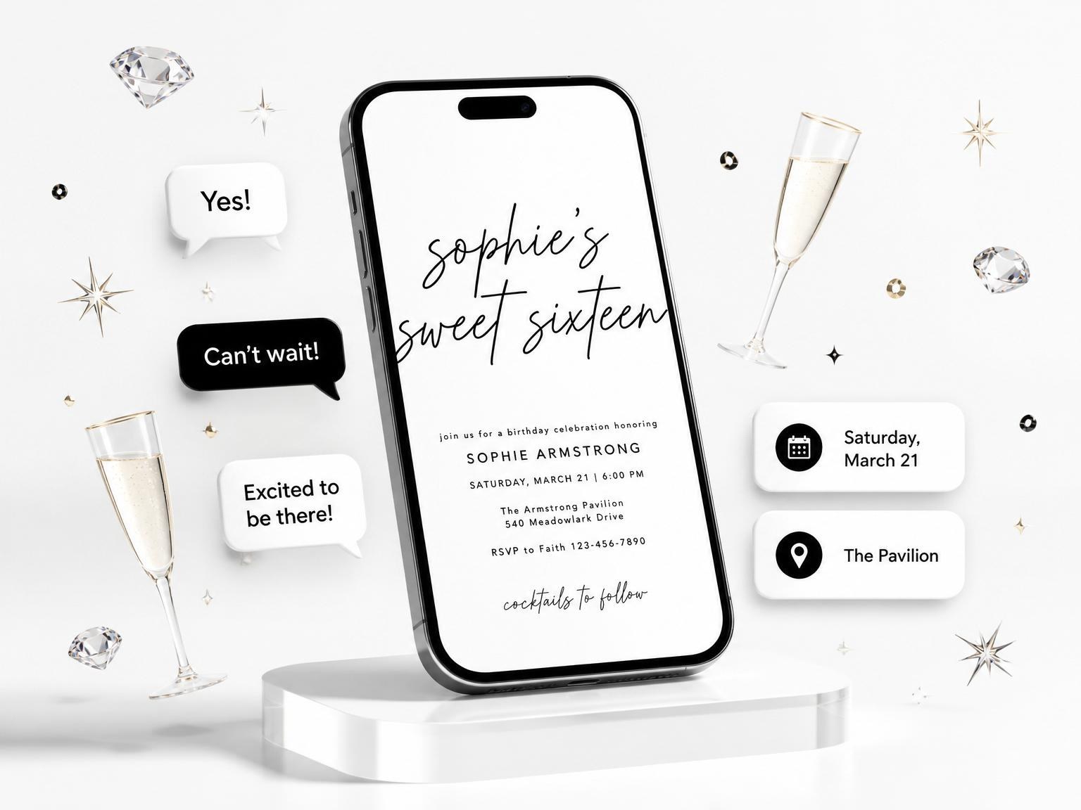 The Minimalist Black and White Sweet Sixteen invitation on a phone, with guest RSVPs arriving around it
