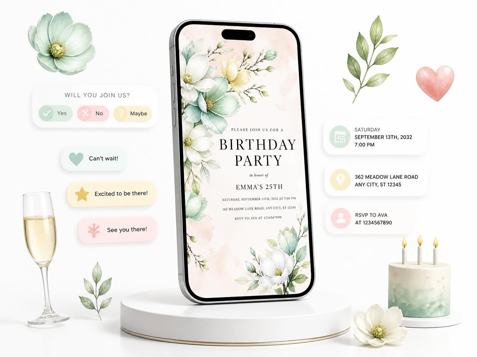 The Magnolia Branch Mint 25th Birthday Invitation invitation on a phone, with guest RSVPs arriving around it