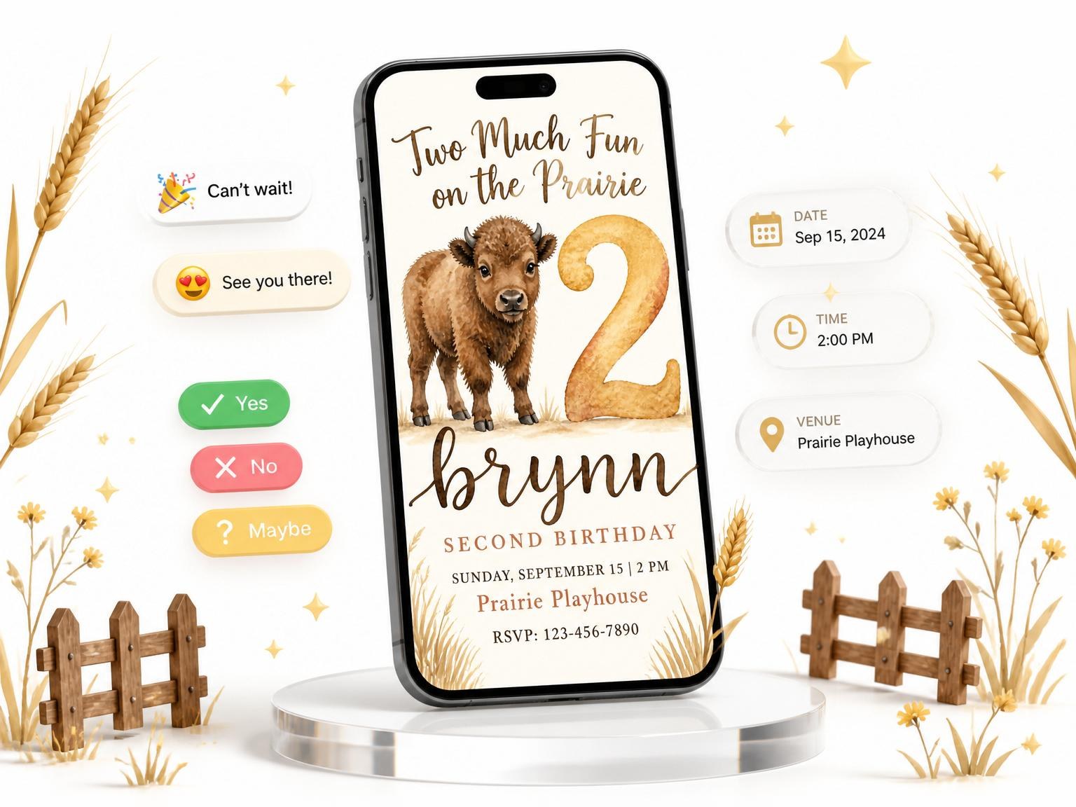 The Two Much Fun on the Prairie Birthday invitation on a phone, with guest RSVPs arriving around it