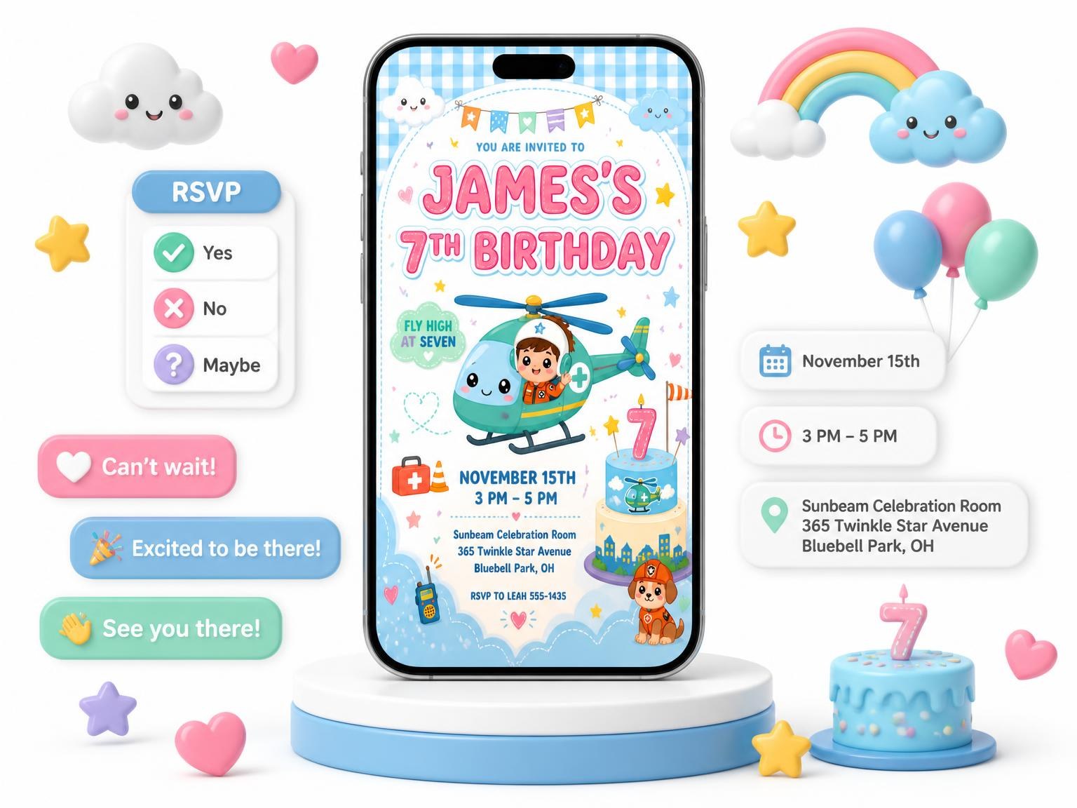 The Rescue Helicopter 7th Birthday Invitation invitation on a phone, with guest RSVPs arriving around it