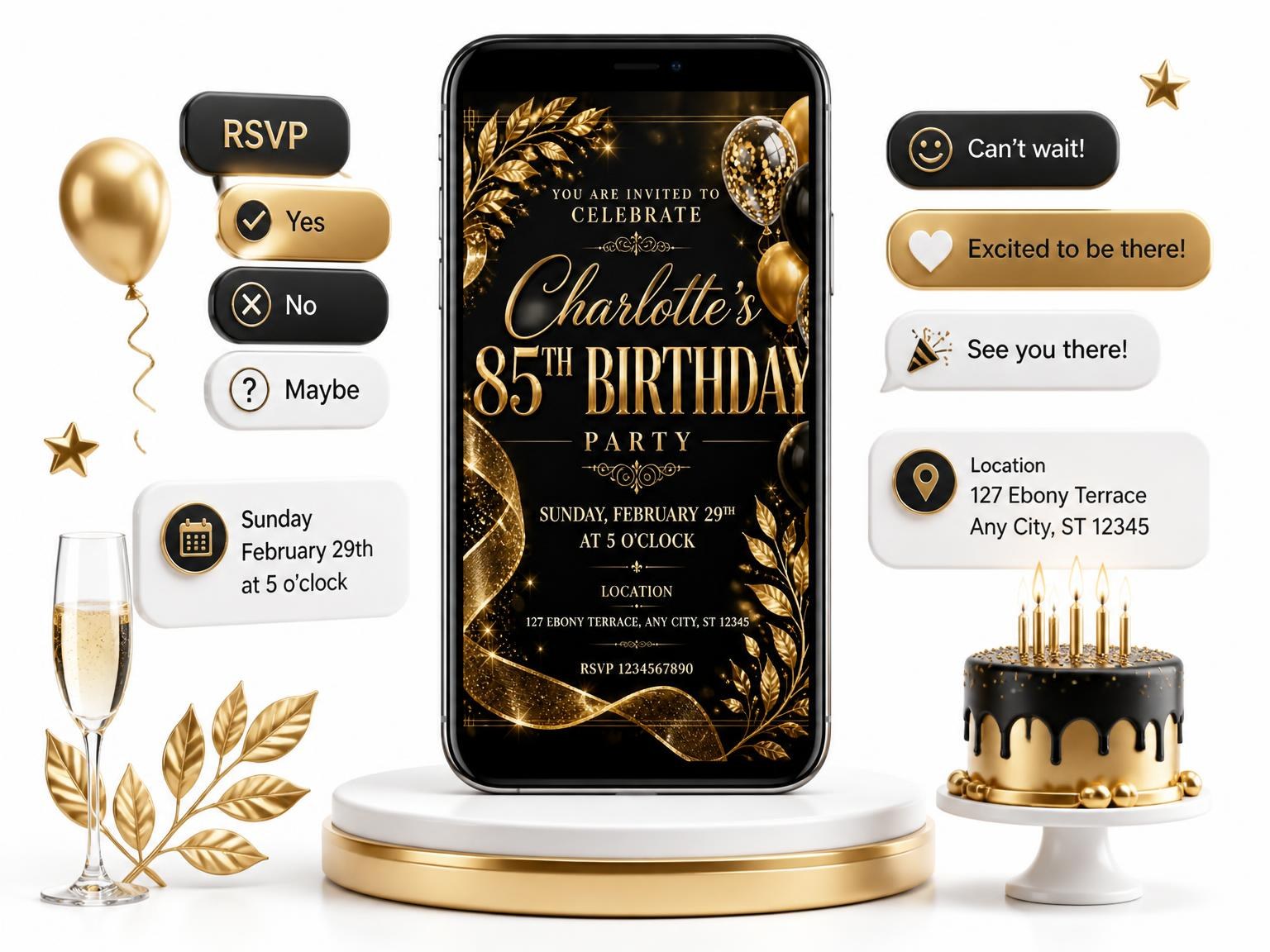 The Black and Gold 85th Birthday Invitation invitation on a phone, with guest RSVPs arriving around it
