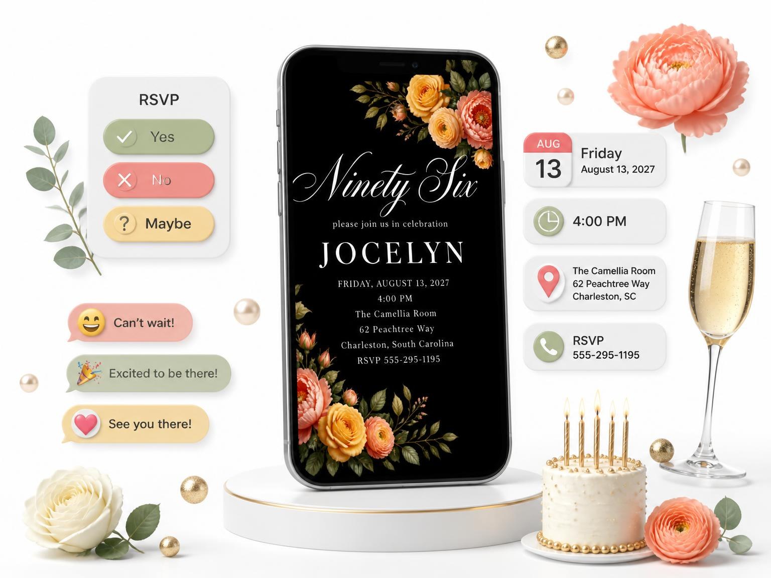 The Black Floral 96th Birthday Invitation invitation on a phone, with guest RSVPs arriving around it
