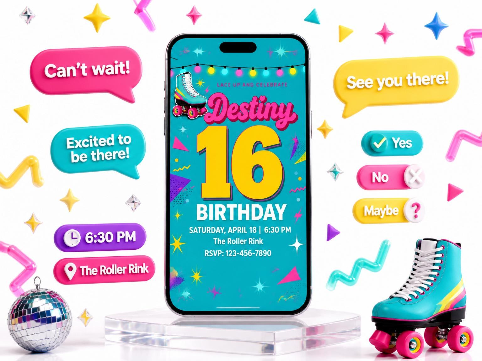 The 80s Teal Roller Disco 16th Birthday invitation on a phone, with guest RSVPs arriving around it