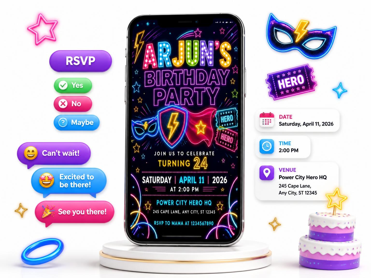 The Neon Superhero 24th Birthday Invitation invitation on a phone, with guest RSVPs arriving around it