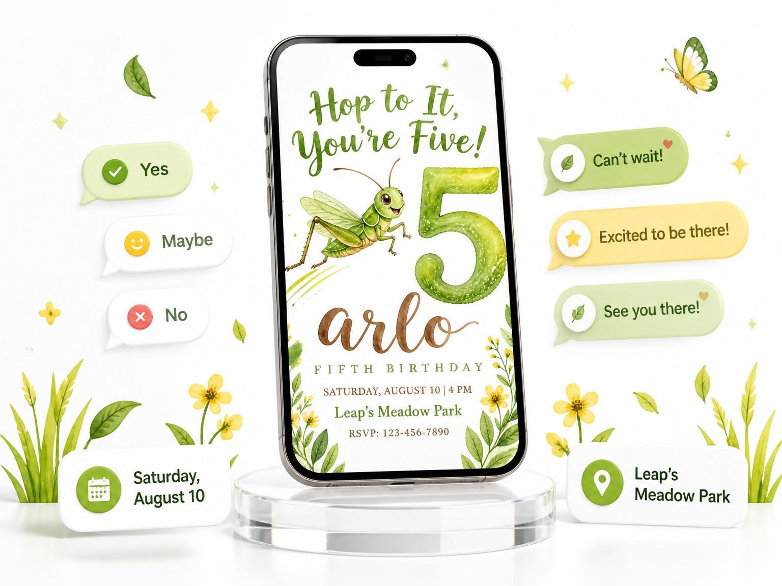 The Watercolor Grasshopper Garden 5th Birthday invitation on a phone, with guest RSVPs arriving around it