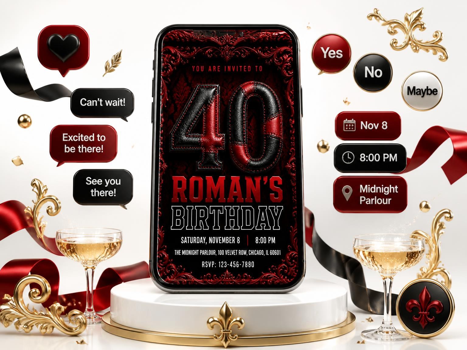 The Red Leather 40th Baroque Milestone Birthday invitation on a phone, with guest RSVPs arriving around it