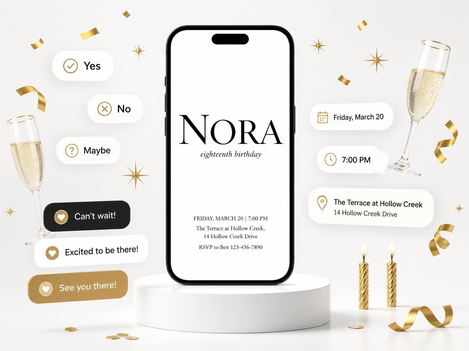 The Minimalist Black Serif 18th Birthday Invitation invitation on a phone, with guest RSVPs arriving around it
