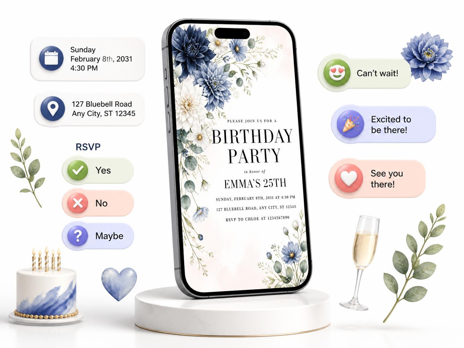 The Dusty Blue Dahlia 25th Birthday Invitation invitation on a phone, with guest RSVPs arriving around it
