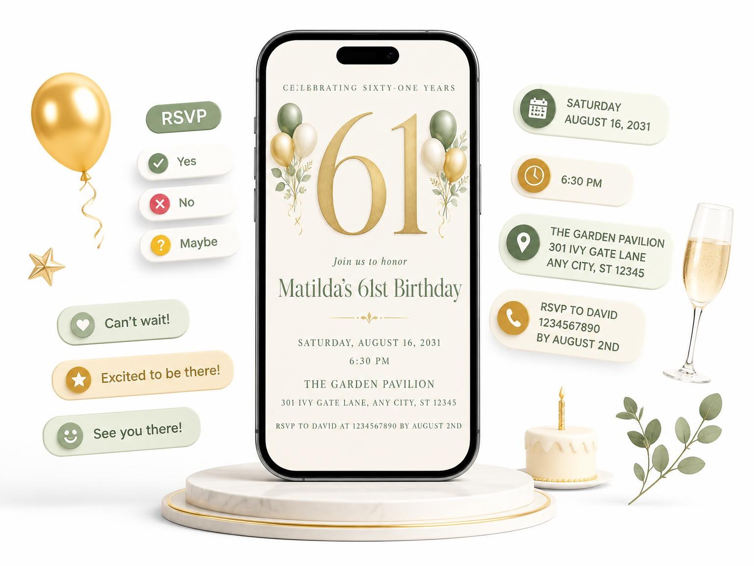 The Sage and Ivory 61st Birthday Invitation invitation on a phone, with guest RSVPs arriving around it