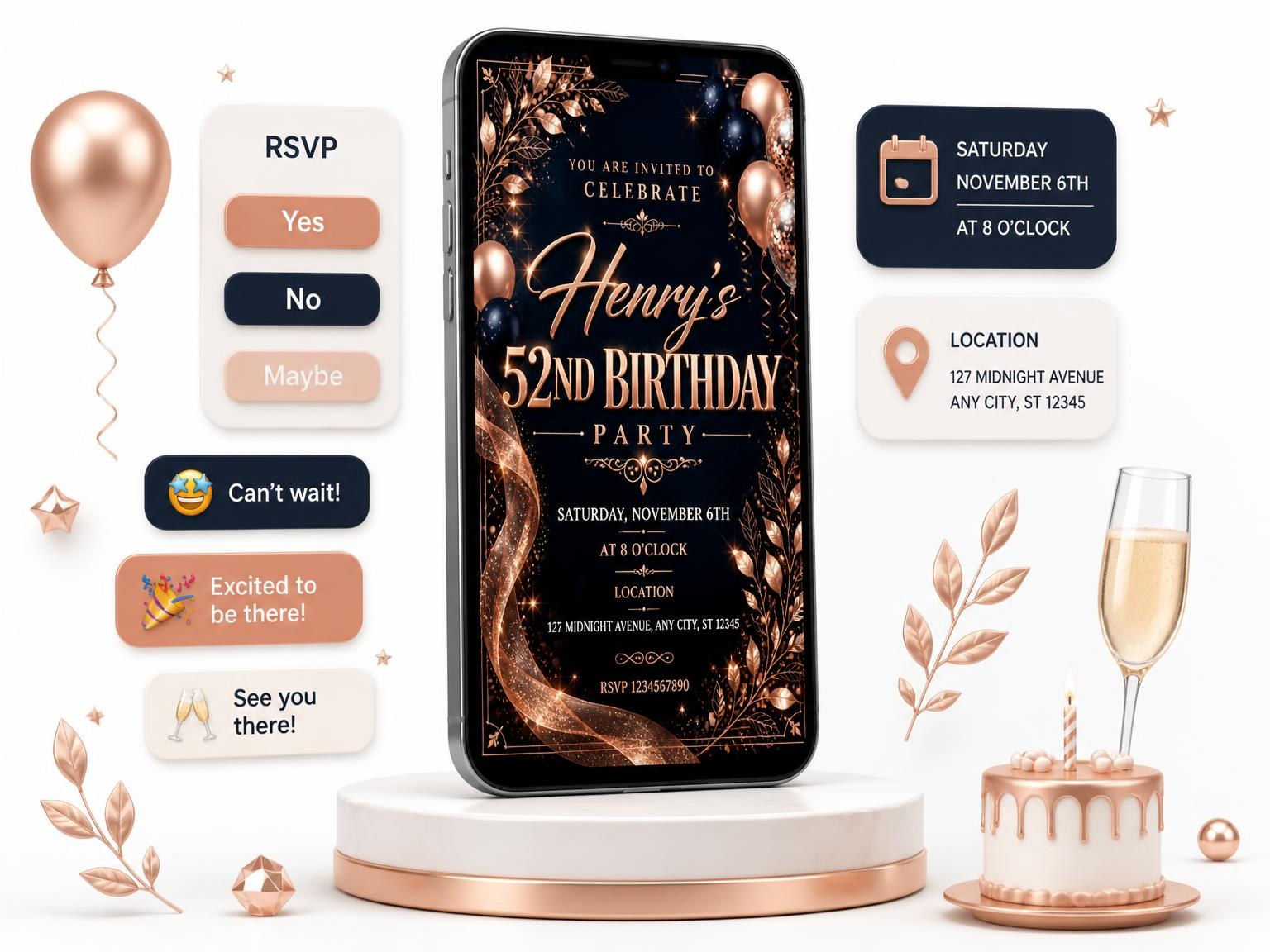 The Navy and Rose Gold 52nd Birthday Invitation invitation on a phone, with guest RSVPs arriving around it