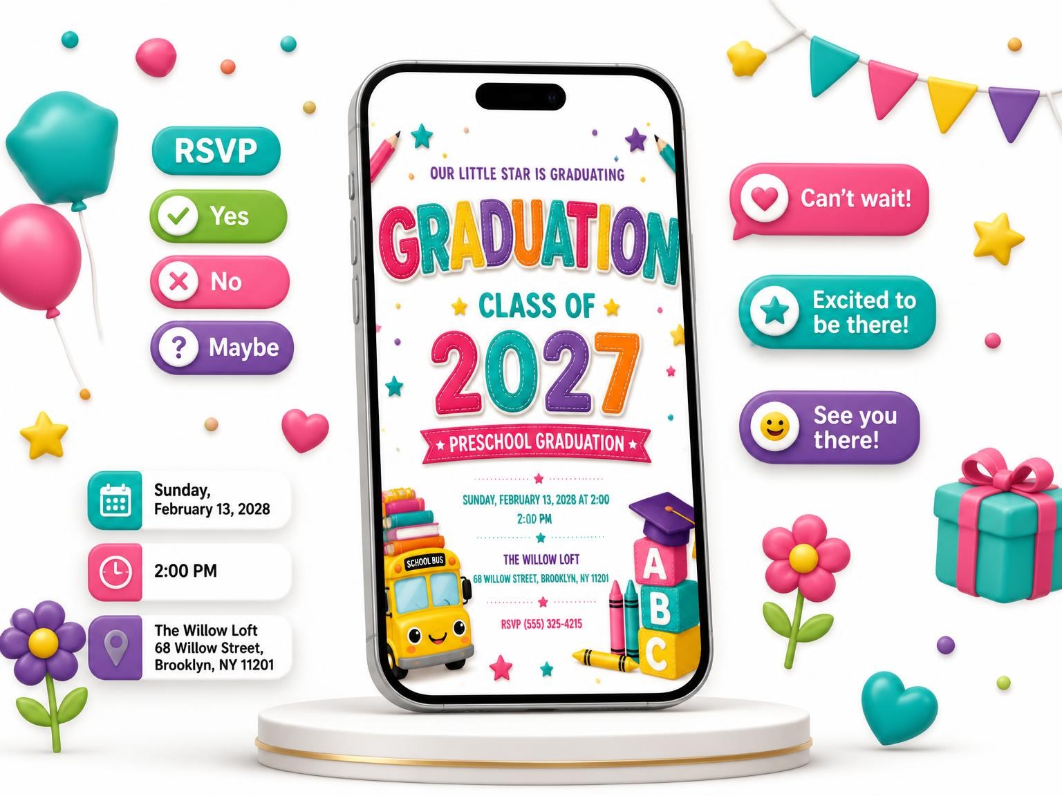 The School Bus Preschool Graduation Invitation invitation on a phone, with guest RSVPs arriving around it