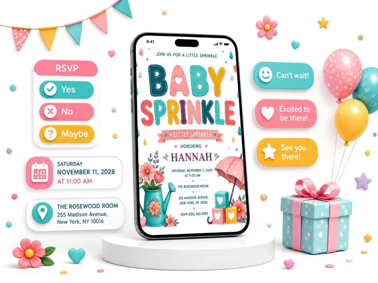 The Alphabet Blocks Baby Sprinkle Invitation invitation on a phone, with guest RSVPs arriving around it