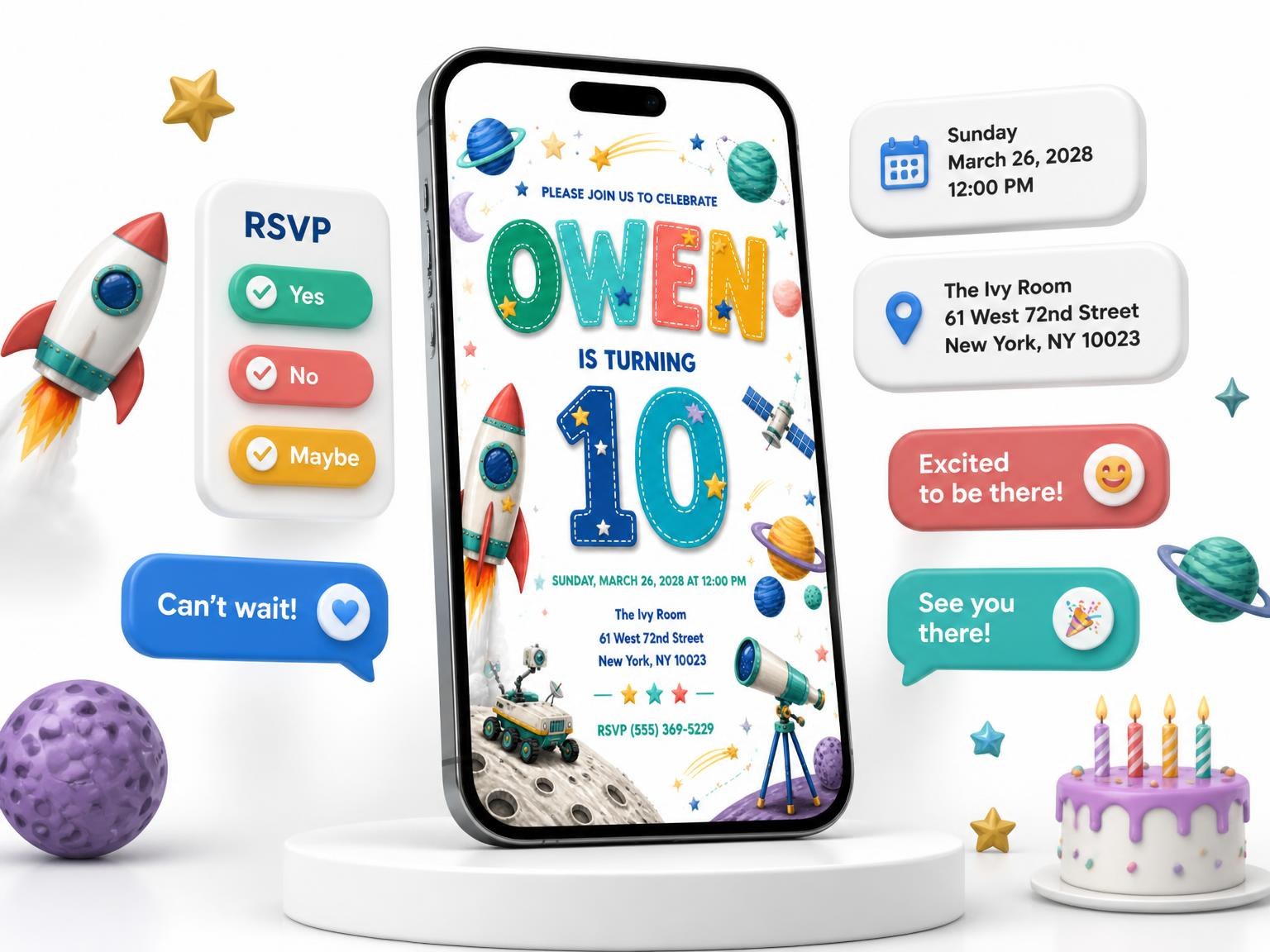 The Stitched Space 10th Birthday Invitation invitation on a phone, with guest RSVPs arriving around it
