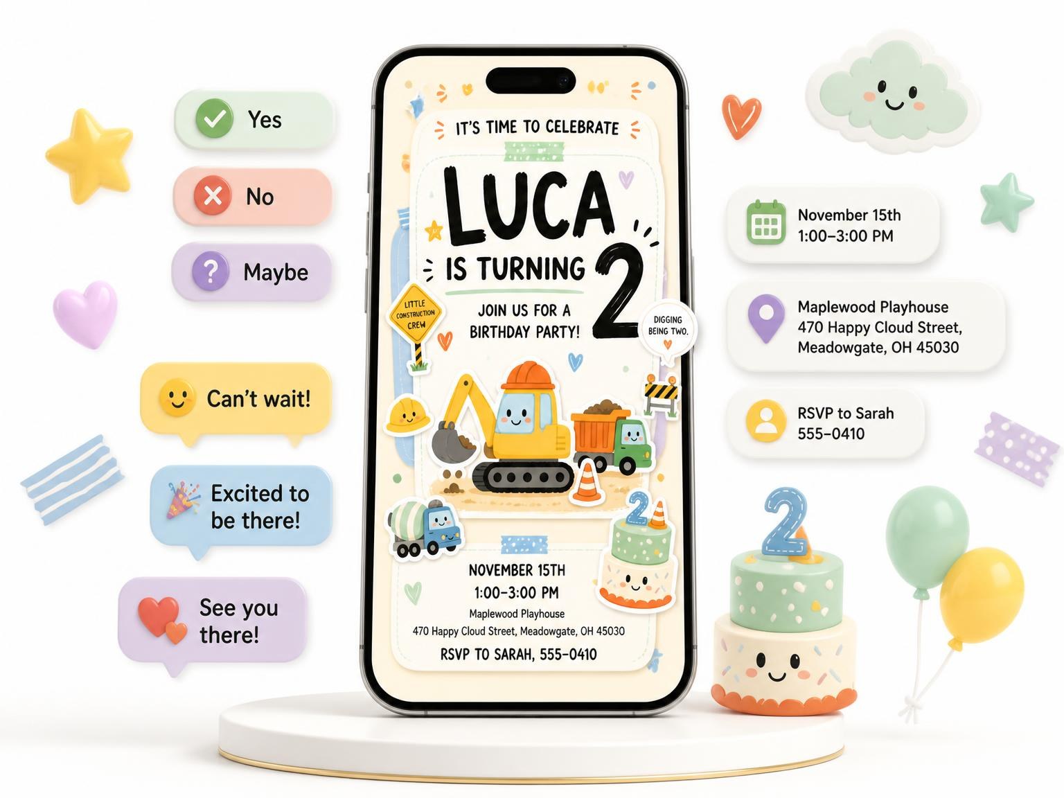 The Dump Truck Pastel 2nd Birthday Invitation invitation on a phone, with guest RSVPs arriving around it