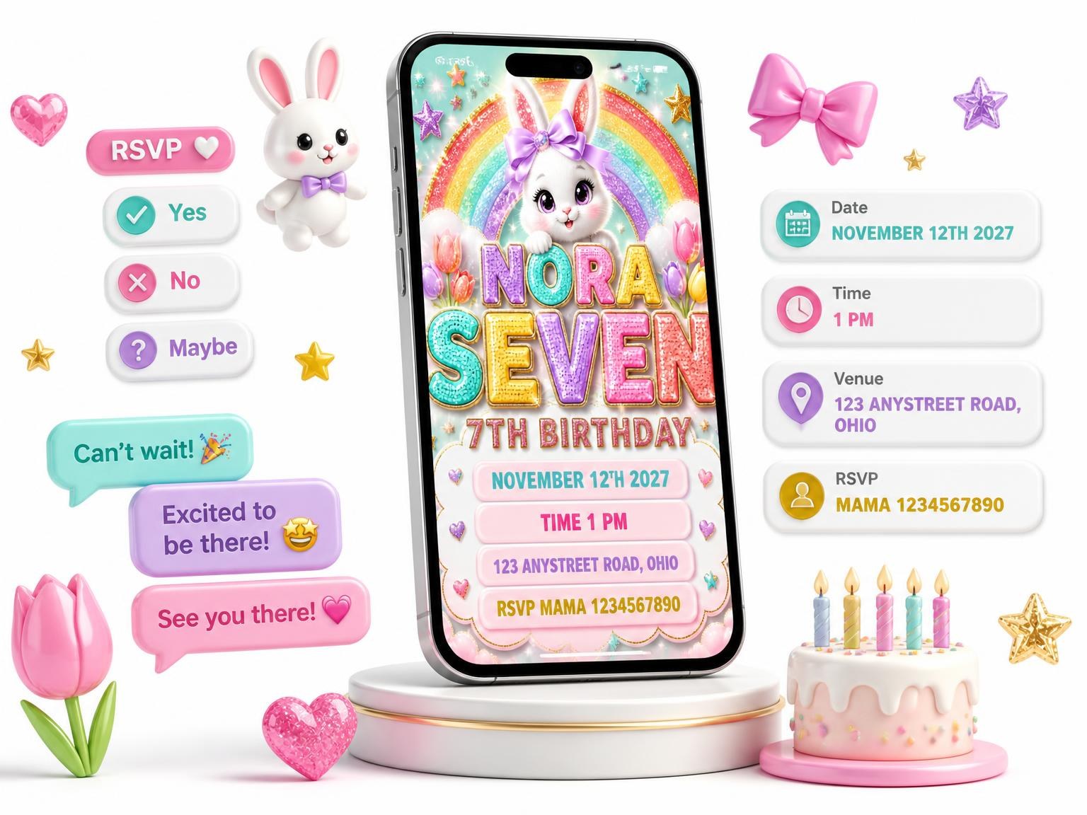The Glitter Sparkle Bunny 7th Birthday Invitation invitation on a phone, with guest RSVPs arriving around it