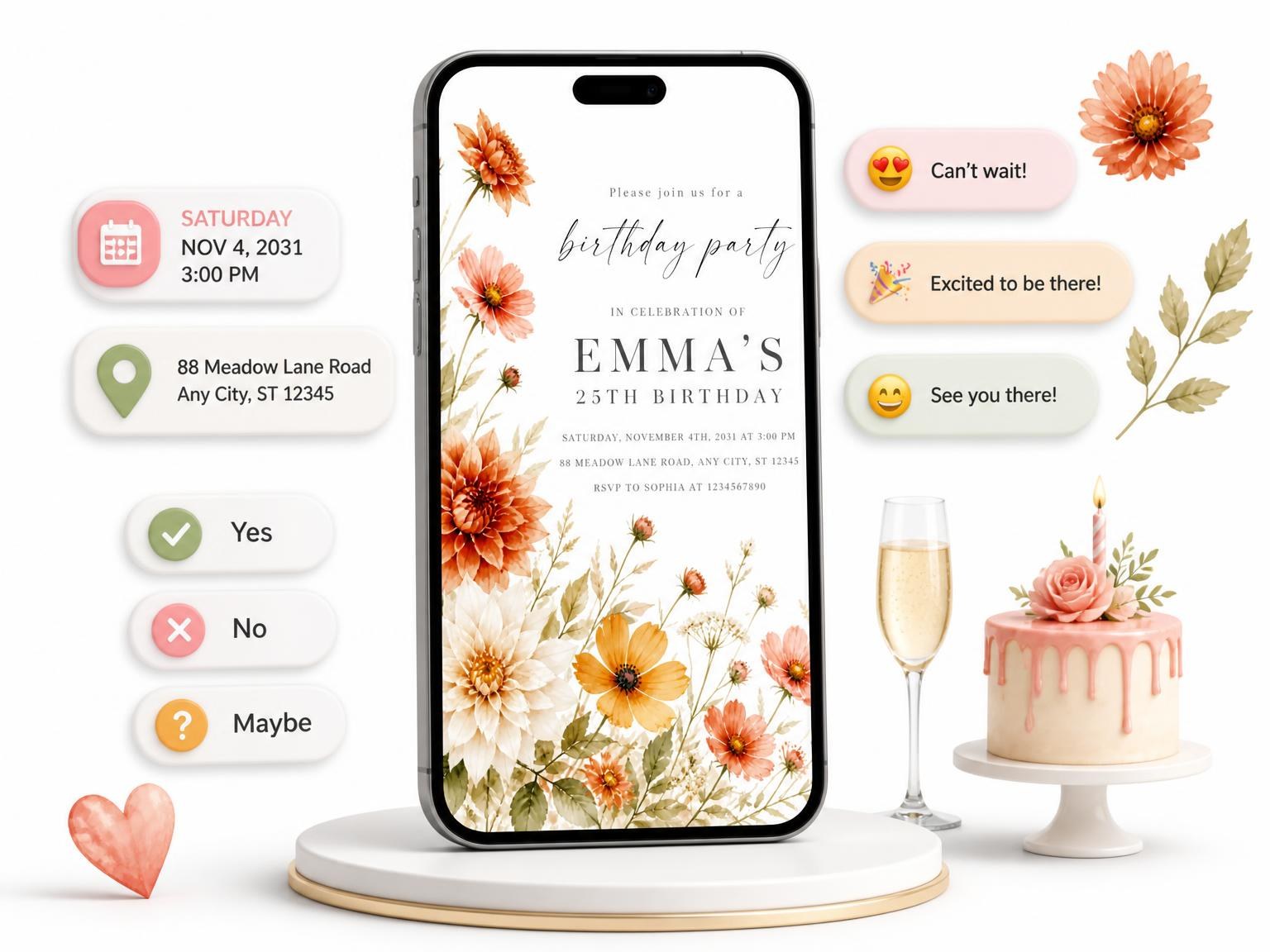 The Terracotta Botanical Garden 25th Birthday Invitation invitation on a phone, with guest RSVPs arriving around it