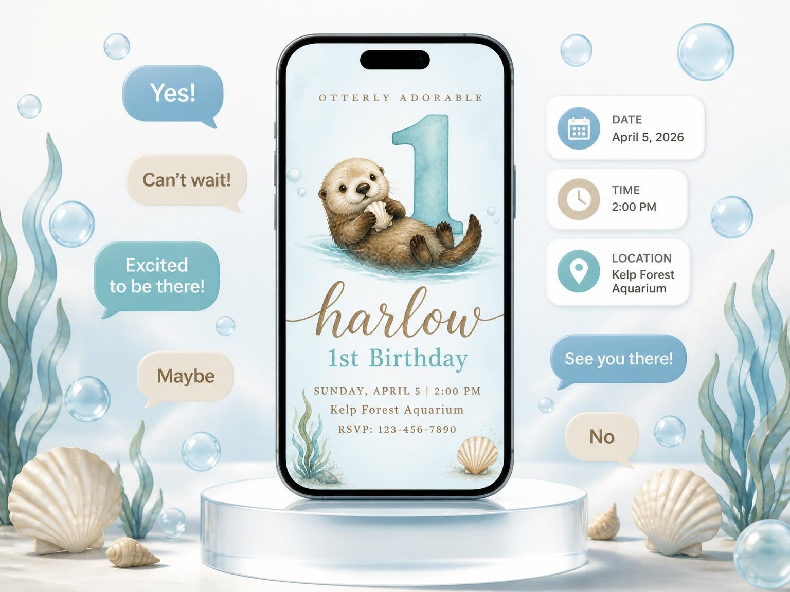 The Watercolor Sea Otter 1st Birthday invitation on a phone, with guest RSVPs arriving around it