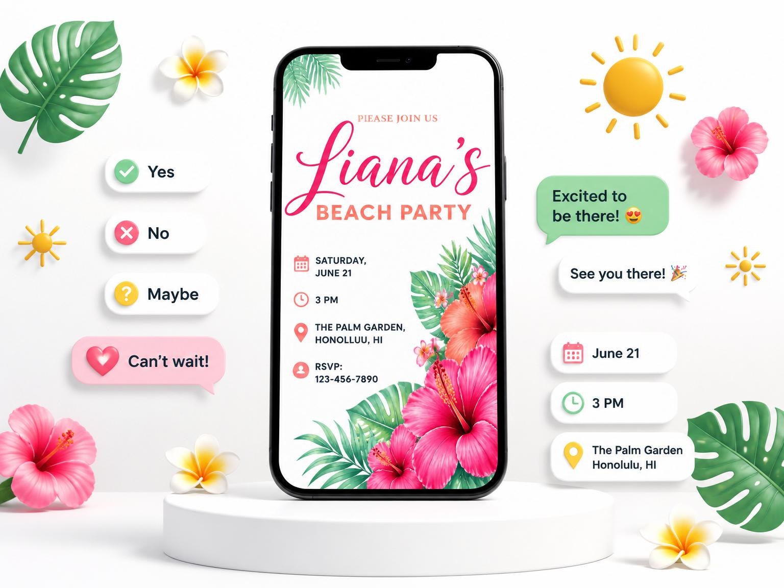 The Pink Hibiscus Tropical Beach Party invitation on a phone, with guest RSVPs arriving around it