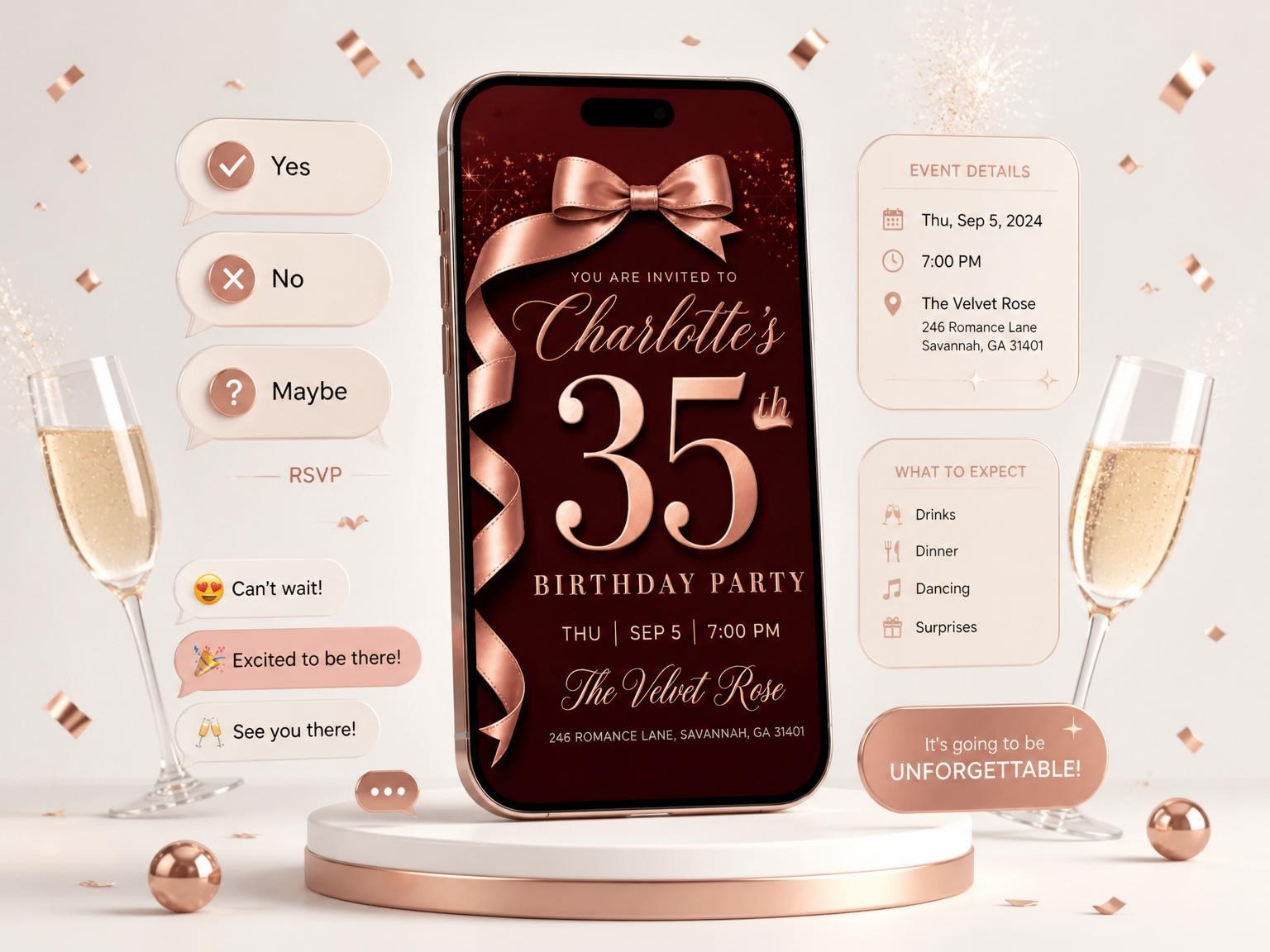 The Burgundy Rose Gold Bow 35th Birthday invitation on a phone, with guest RSVPs arriving around it