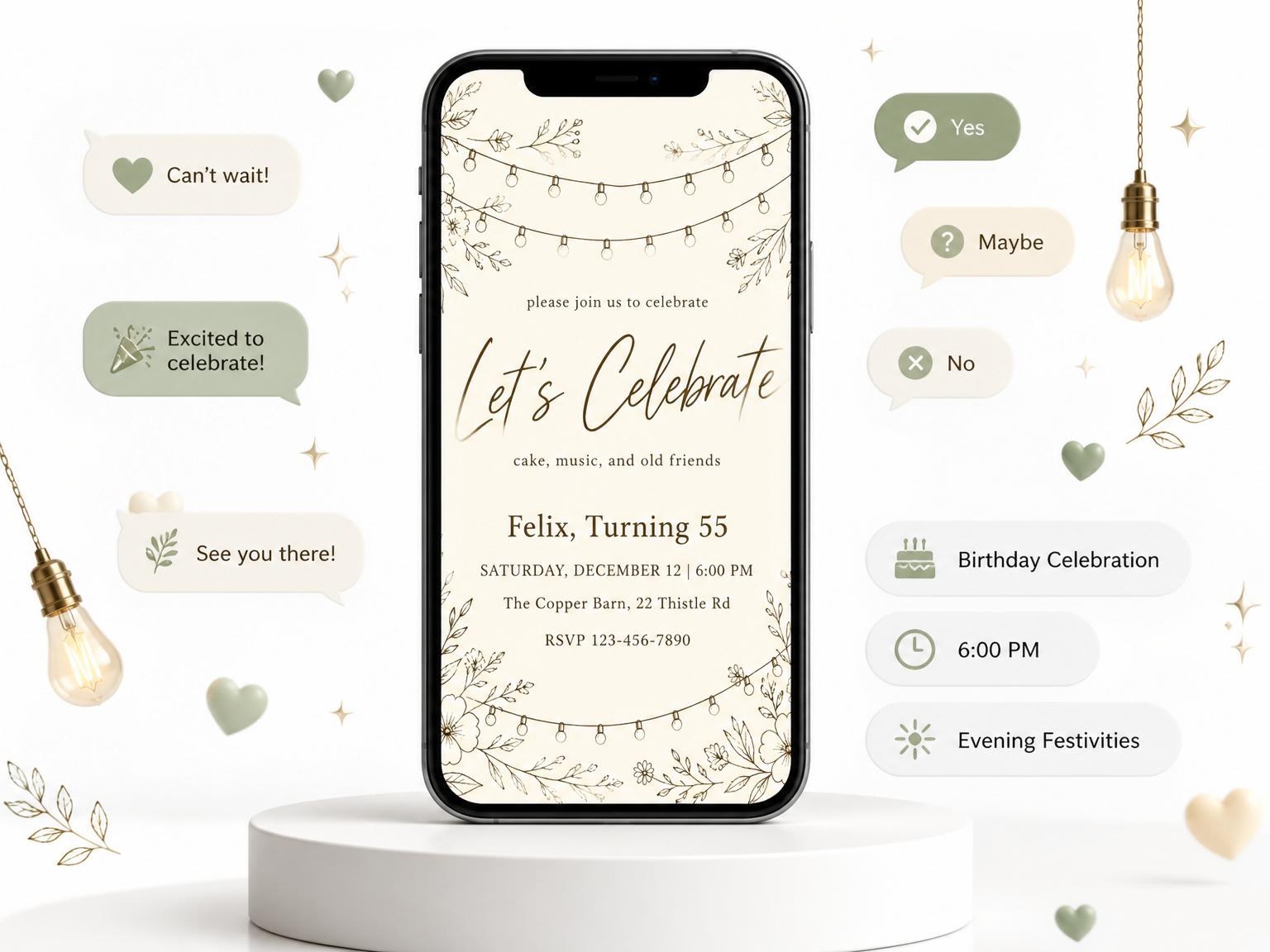 The Cream Botanical String Light 55th Birthday invitation on a phone, with guest RSVPs arriving around it