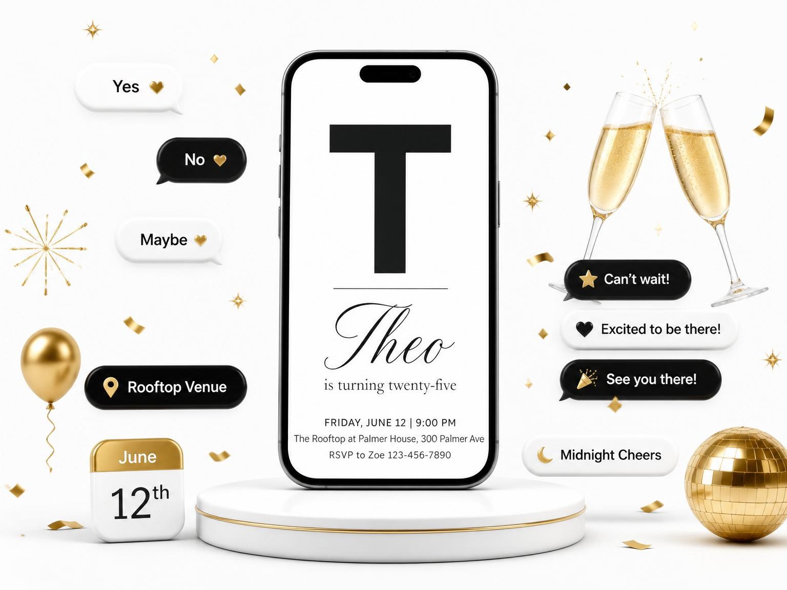 The Monochromatic Monogram Minimalist 25th Birthday Invitation invitation on a phone, with guest RSVPs arriving around it
