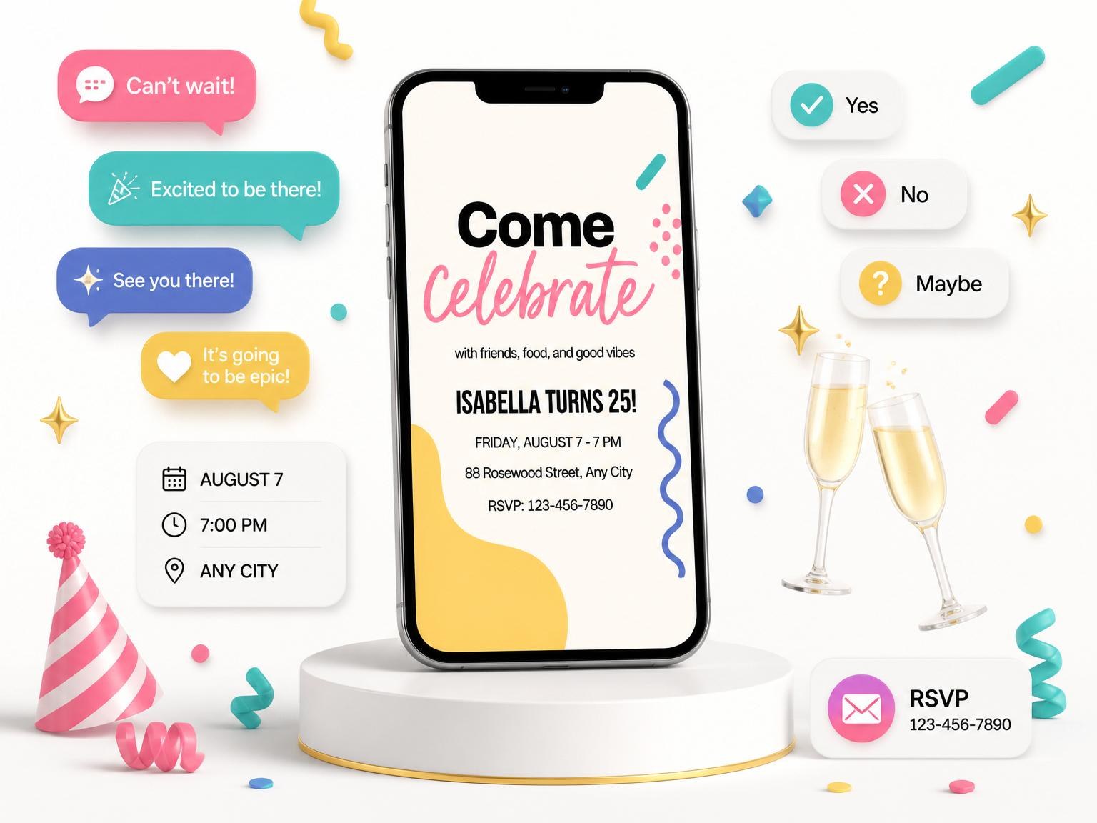The 90s Memphis Abstract Birthday Invitation invitation on a phone, with guest RSVPs arriving around it