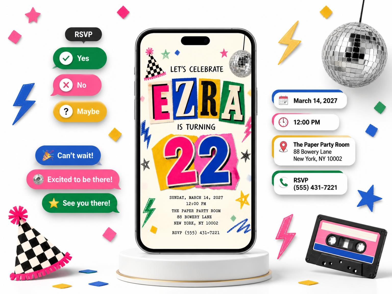 The Retro Paper Collage 22nd Birthday Invitation invitation on a phone, with guest RSVPs arriving around it