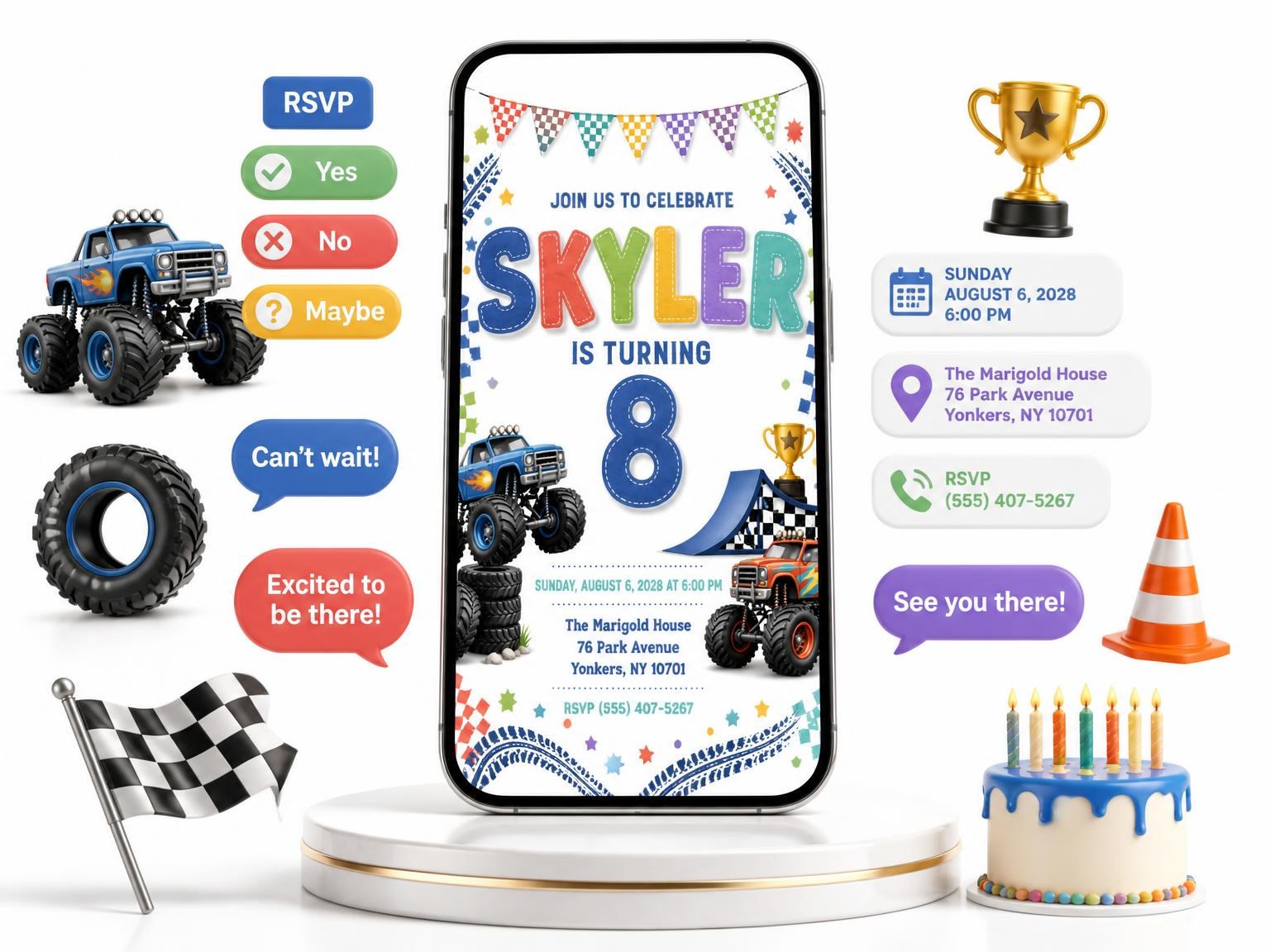 The Stitched Monster Truck 8th Birthday Invitation invitation on a phone, with guest RSVPs arriving around it