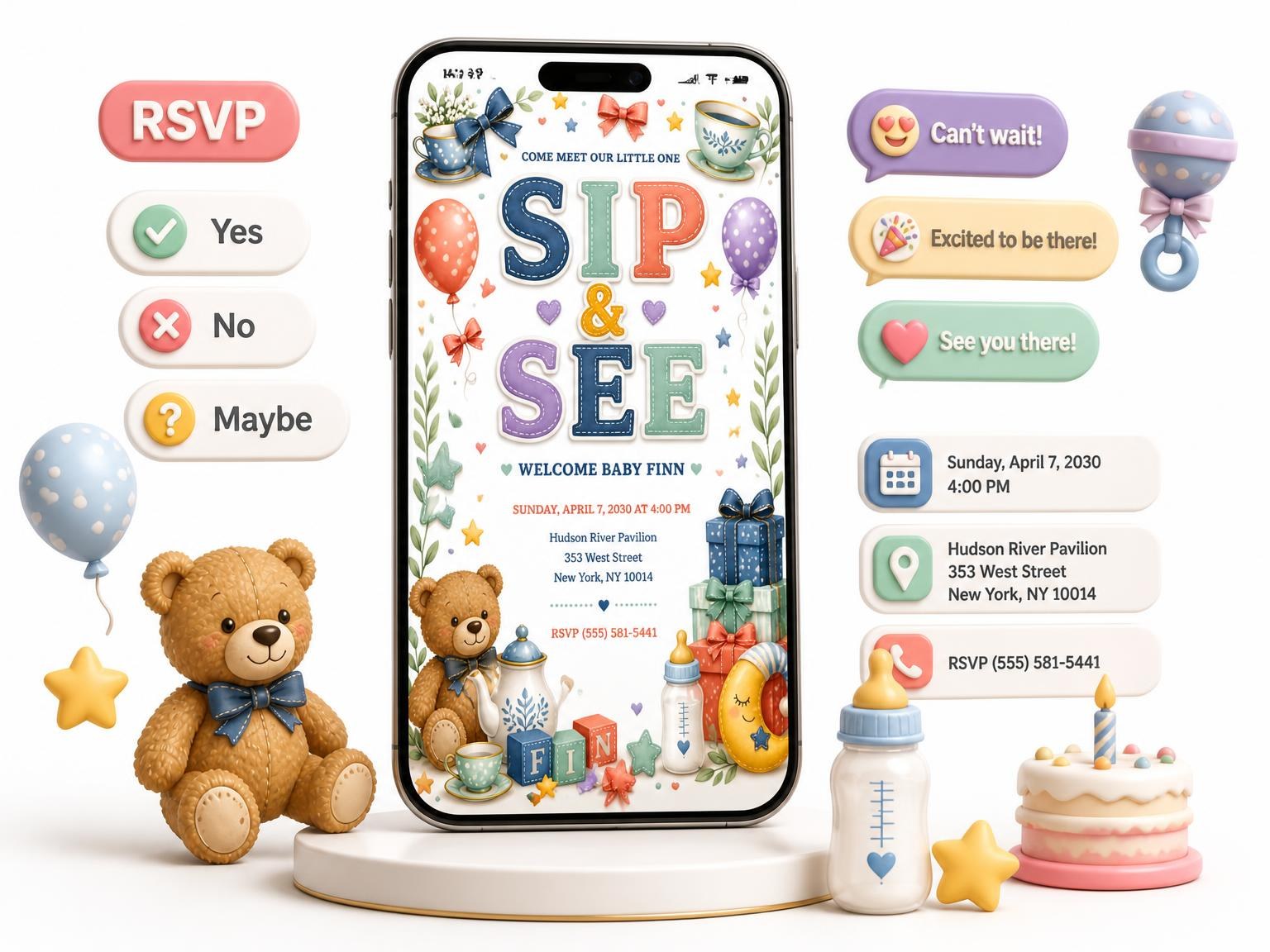 The Tea Set Sip and See Invitation invitation on a phone, with guest RSVPs arriving around it