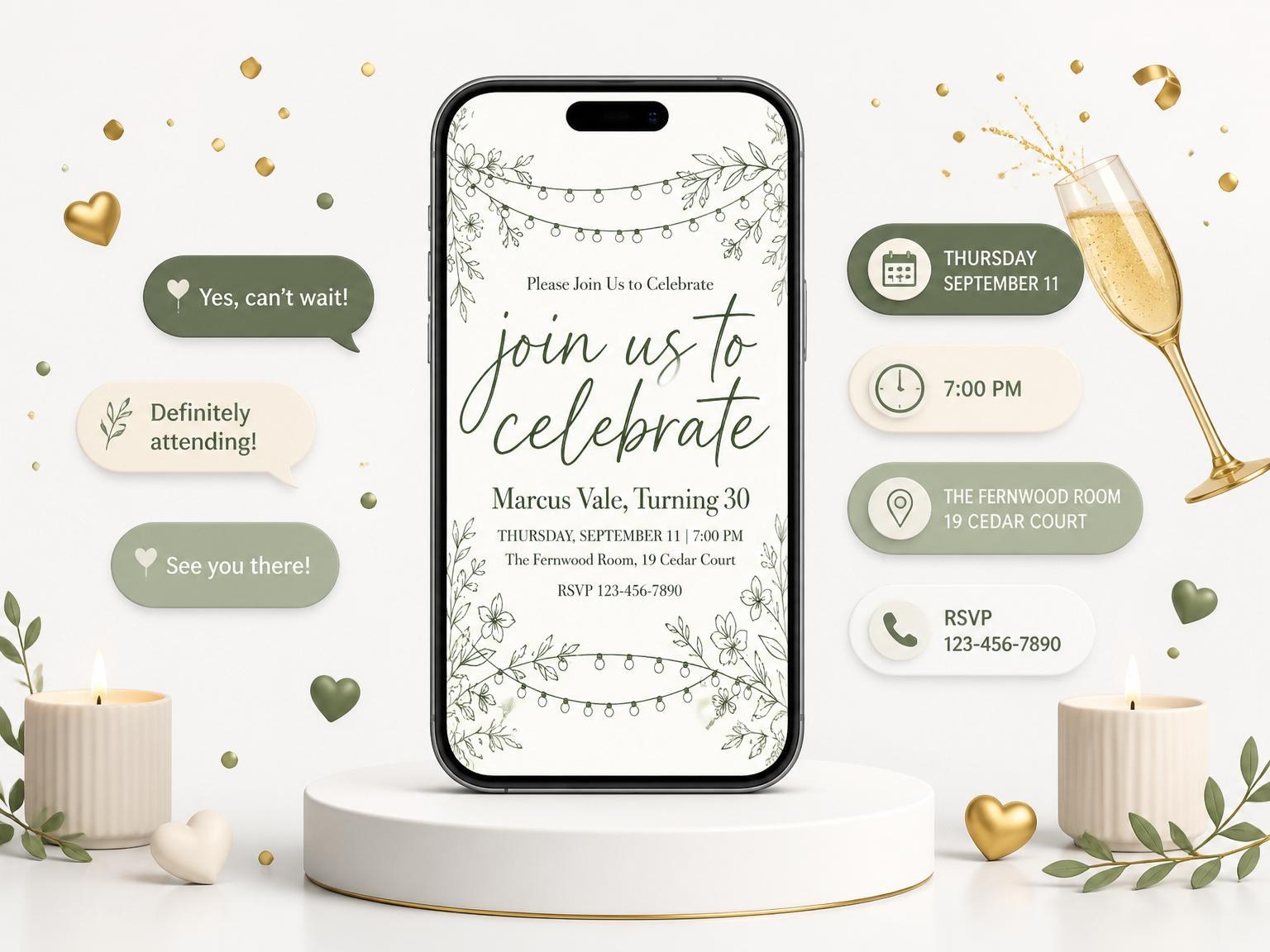 The Olive Floral String Light 30th Birthday invitation on a phone, with guest RSVPs arriving around it