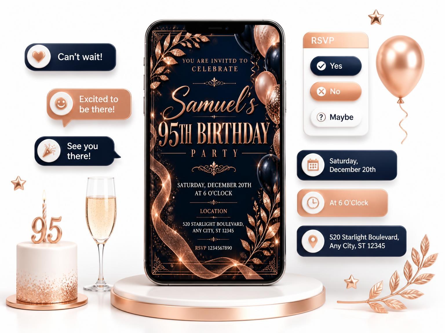 The Navy and Rose Gold 95th Birthday Invitation invitation on a phone, with guest RSVPs arriving around it