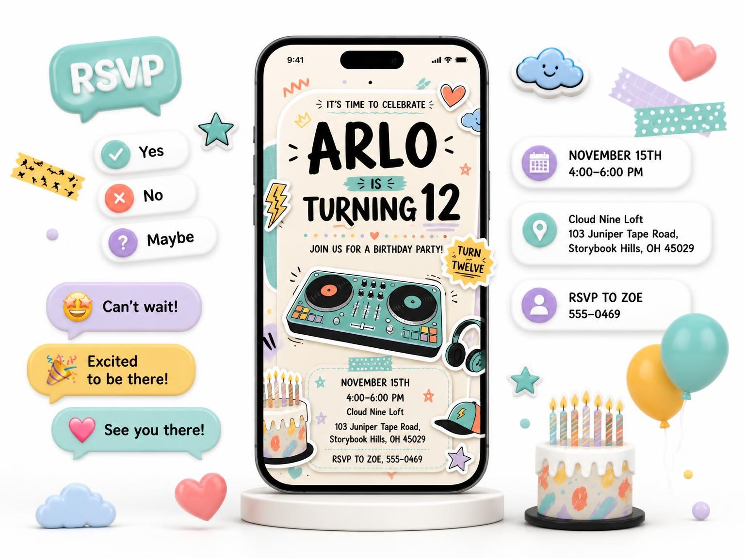 The Turntable Mixer Pastel 12th Birthday Invitation invitation on a phone, with guest RSVPs arriving around it