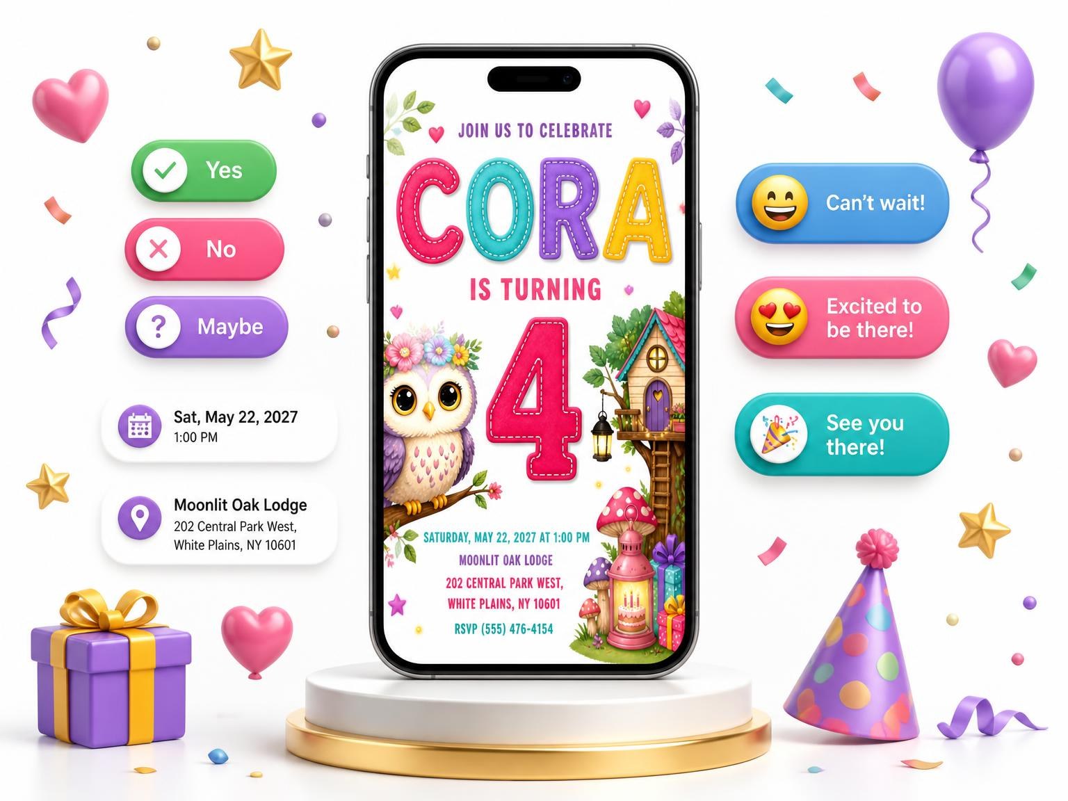 The Stitched Owl Treehouse 4th Birthday Invitation invitation on a phone, with guest RSVPs arriving around it
