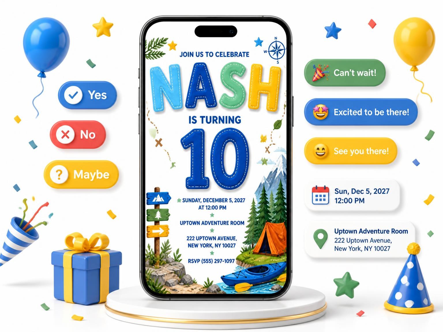 The Camping Nature 10th Birthday Invitation invitation on a phone, with guest RSVPs arriving around it