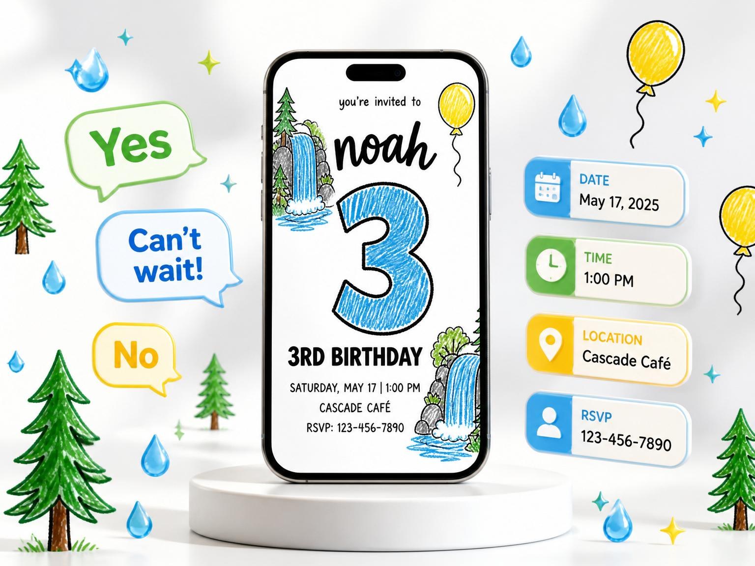 The Crayon Waterfall Forest 3rd Birthday invitation on a phone, with guest RSVPs arriving around it