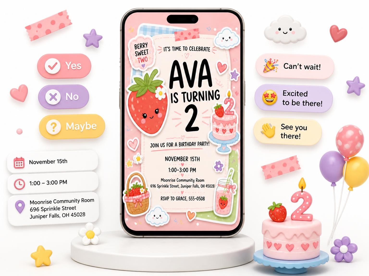 The Strawberry Pastel 2nd Birthday Invitation invitation on a phone, with guest RSVPs arriving around it