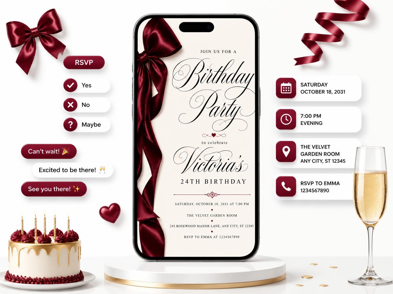 The Burgundy Satin Bow 24th Birthday Invitation invitation on a phone, with guest RSVPs arriving around it