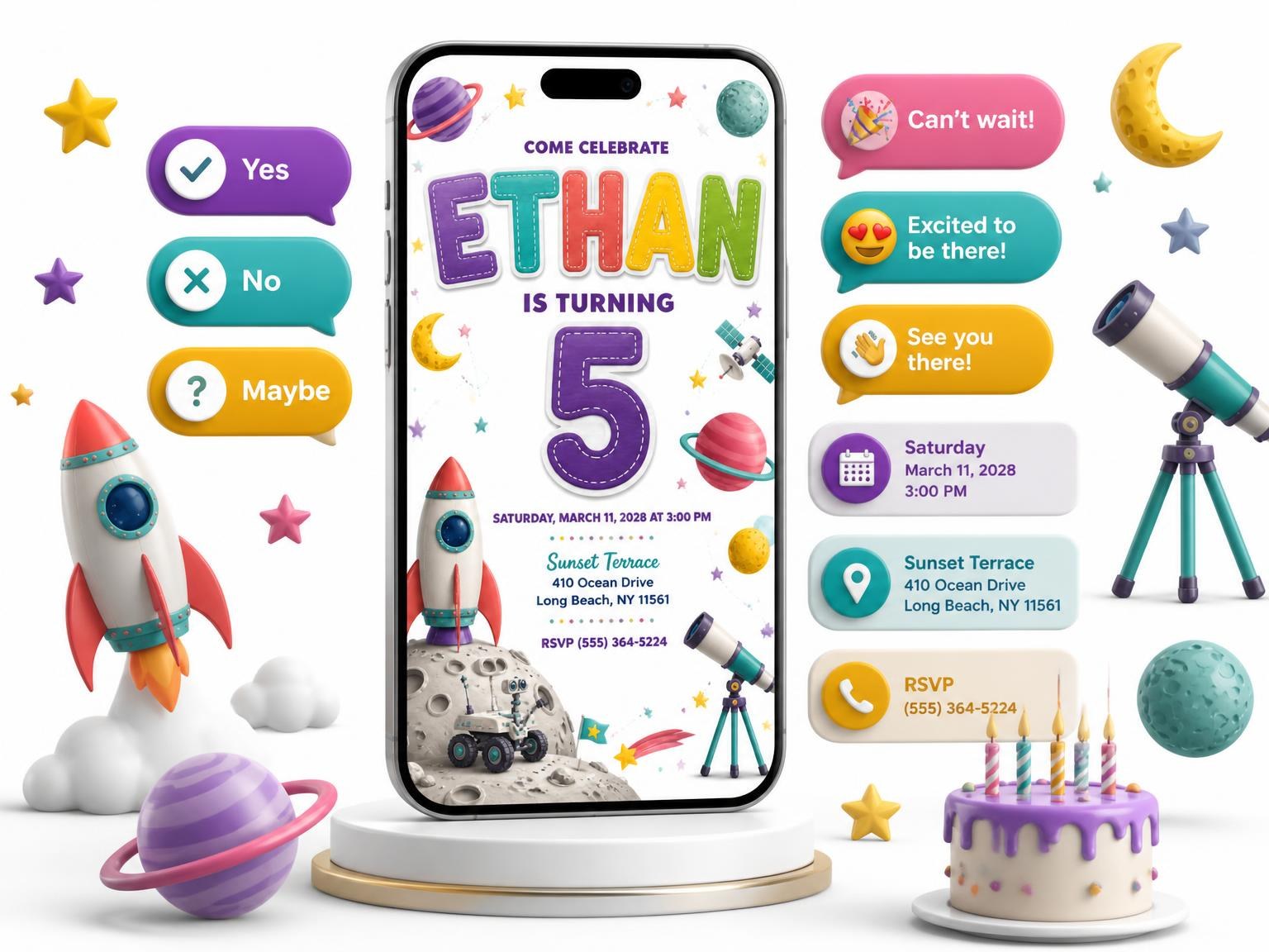 The Stitched Space 5th Birthday Invitation invitation on a phone, with guest RSVPs arriving around it