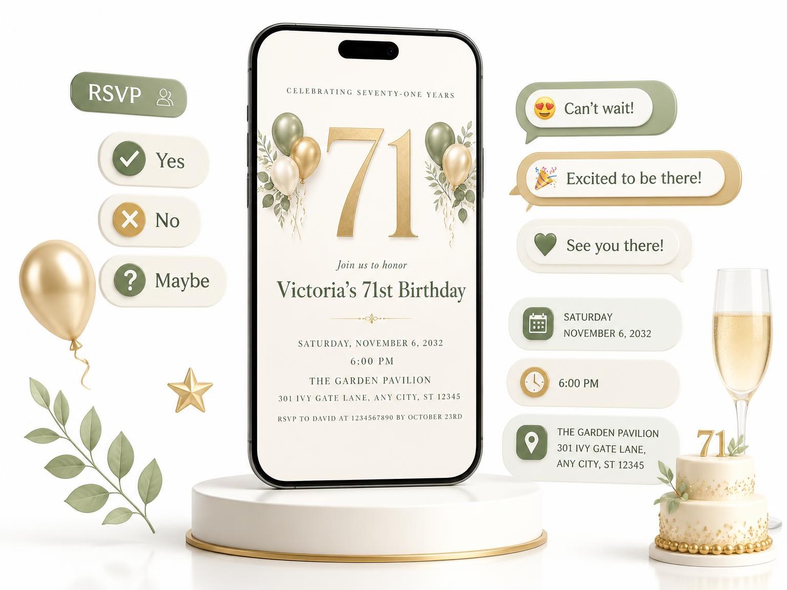 The Sage and Ivory 71st Birthday Invitation invitation on a phone, with guest RSVPs arriving around it