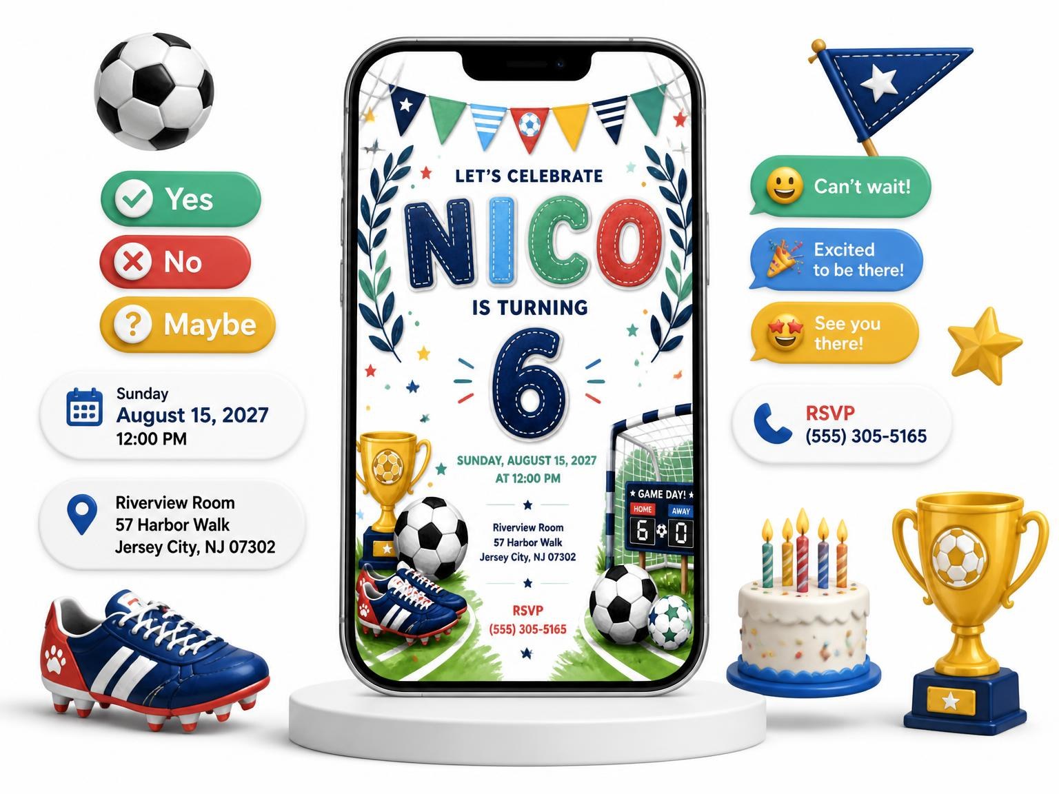 The Stitched Soccer 6th Birthday Invitation invitation on a phone, with guest RSVPs arriving around it
