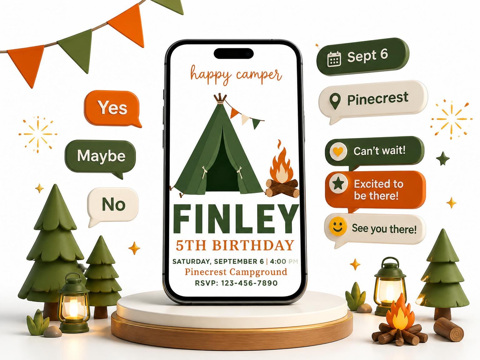 The Forest Tent Camping 5th Birthday Invitation invitation on a phone, with guest RSVPs arriving around it