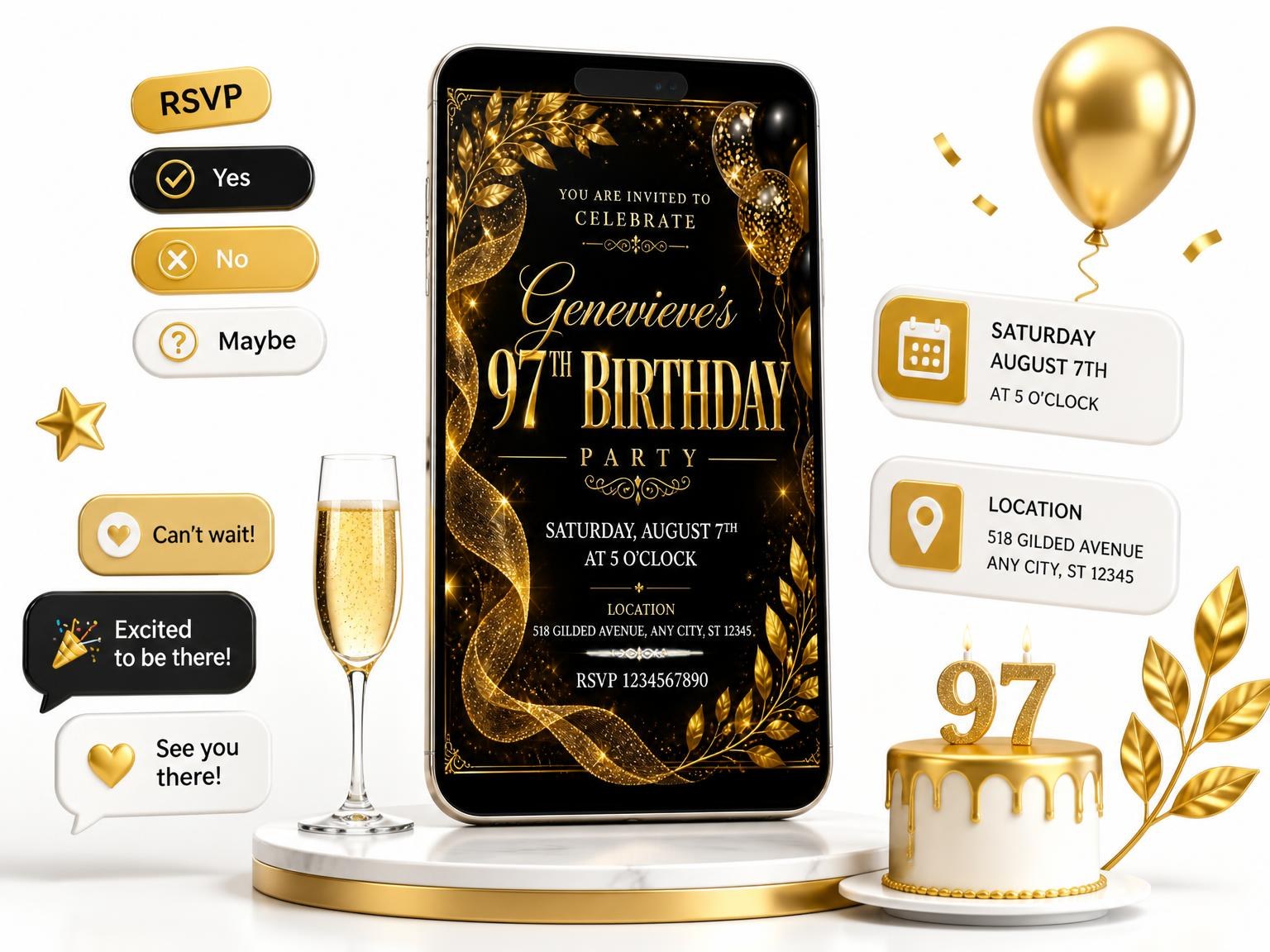 The Black and Gold 97th Birthday Invitation invitation on a phone, with guest RSVPs arriving around it