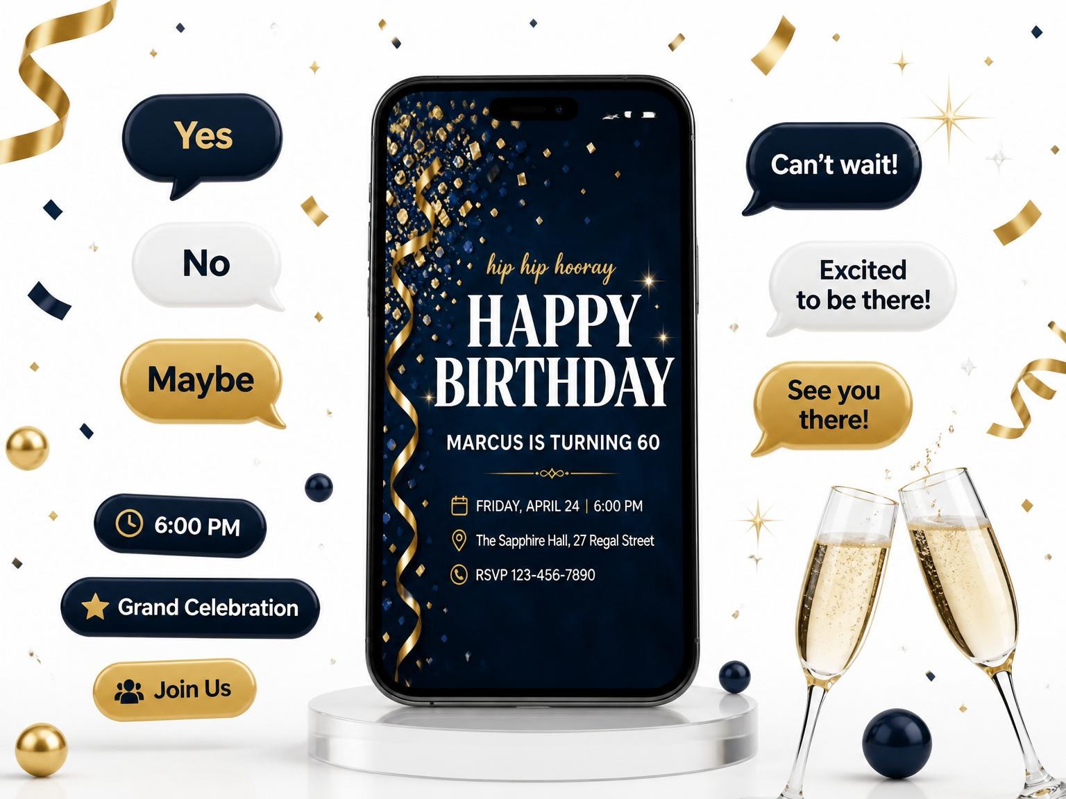 The Navy Velvet Gold Streamer 60th Birthday invitation on a phone, with guest RSVPs arriving around it