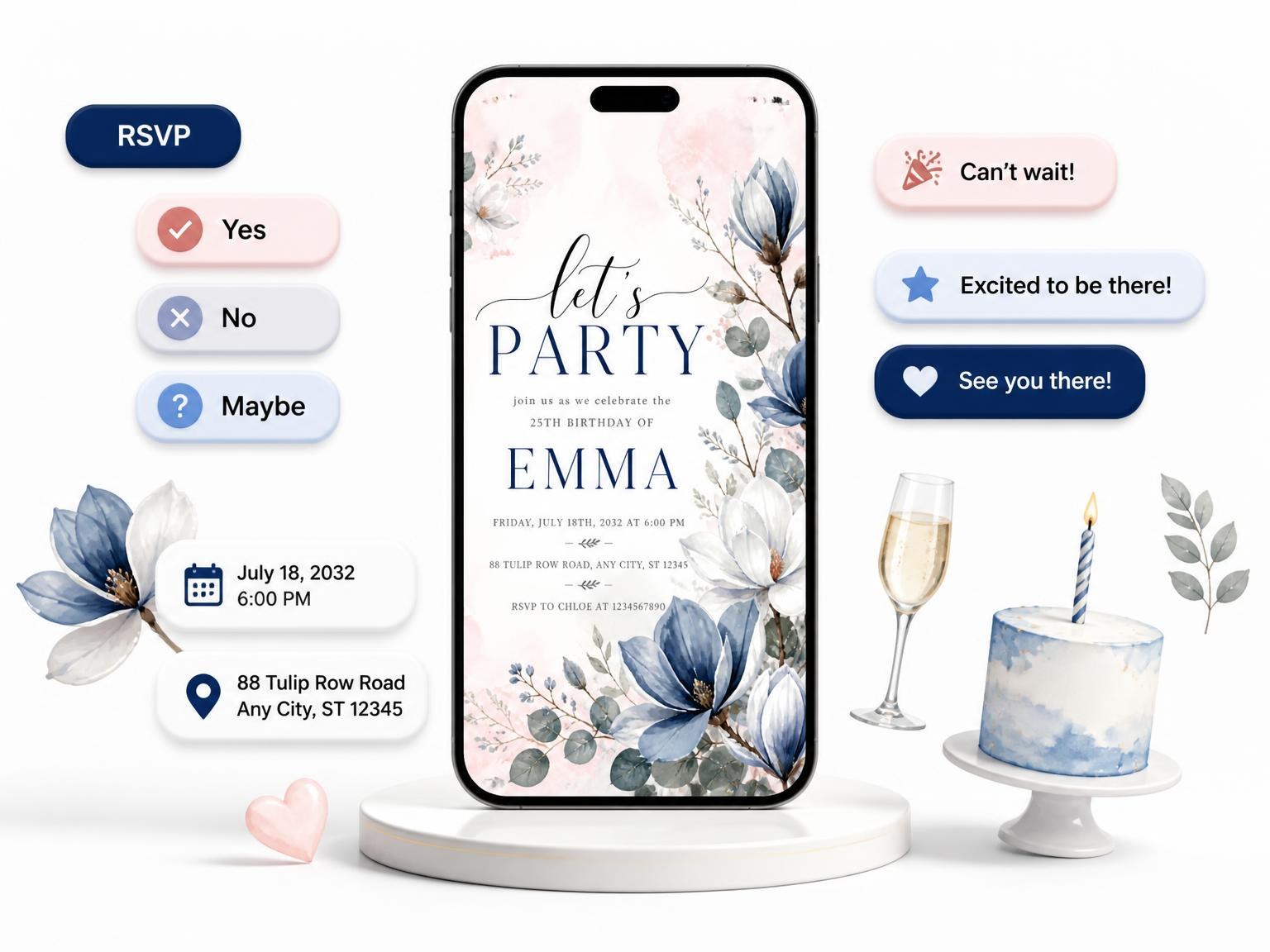 The Eucalyptus Floral 25th Birthday Invitation invitation on a phone, with guest RSVPs arriving around it