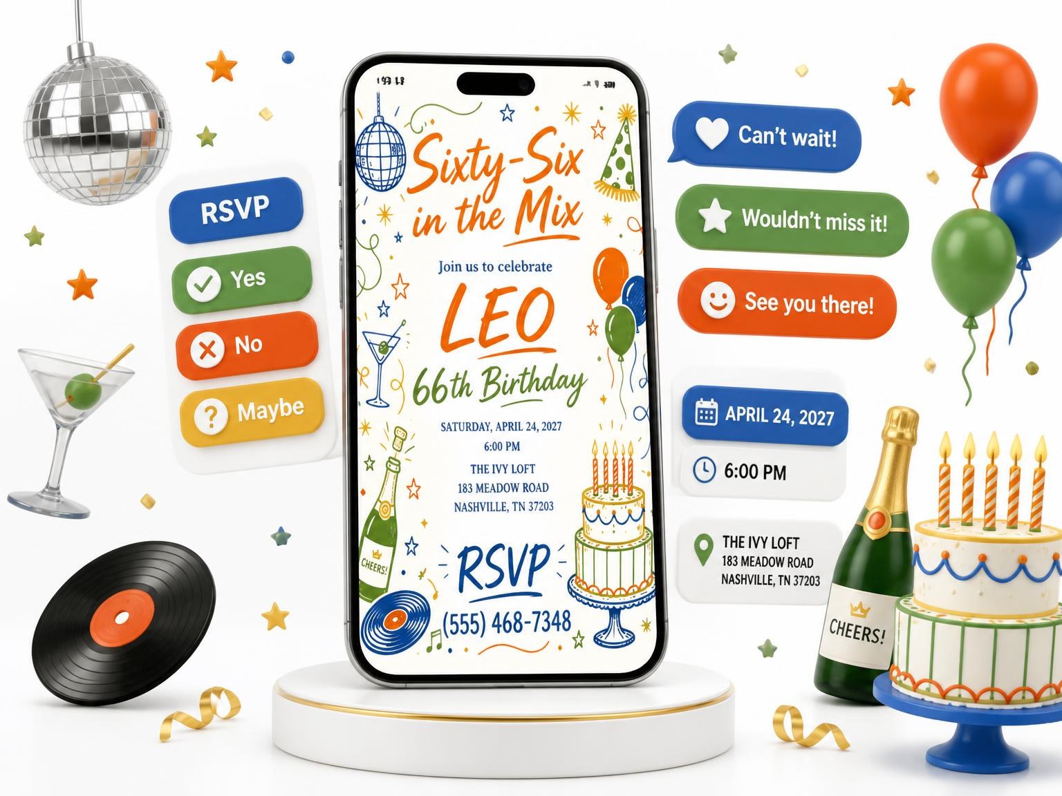 The Retro Doodle 66th Birthday Invitation invitation on a phone, with guest RSVPs arriving around it