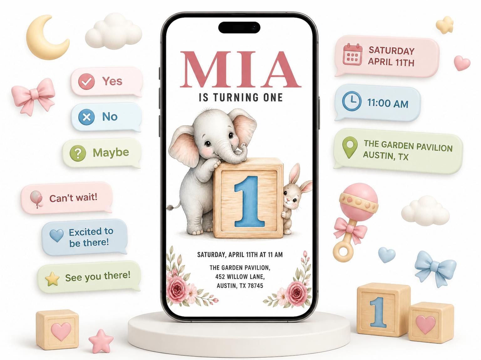 The Wooden Block First Birthday Invitation invitation on a phone, with guest RSVPs arriving around it